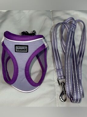 SurePet Gray & Purple Mesh Dog/Cat Harness with Reflective Leash XS